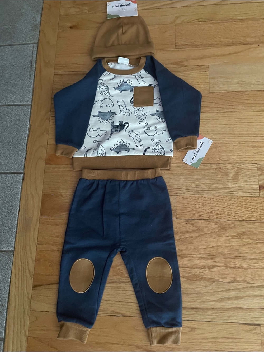 NWT 3-Piece Petit Lem Navy Blue and Tan Dinosaur Jogger Set with Hat